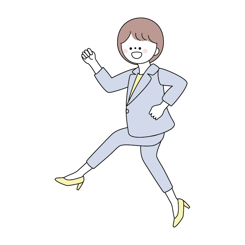 笑顔で踊るスーツの女性のイラストビジネスウーマンの無料イラスト素材（商用利用OK）
