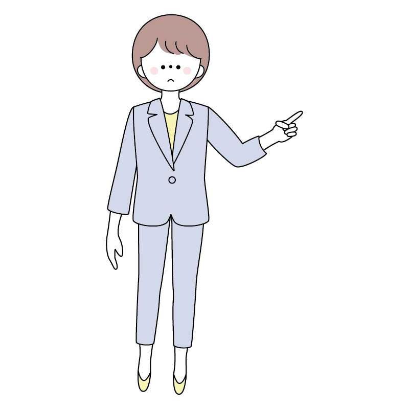 無表情で指を指して案内するスーツの女性のイラスト