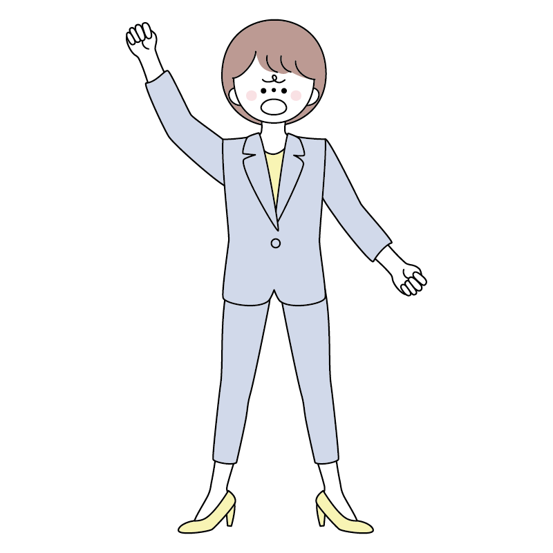 片方の拳を上げて怒っているスーツの女性のイラスト