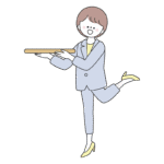お盆を持っている足を曲げた可愛いポーズのスーツの女性のイラスト