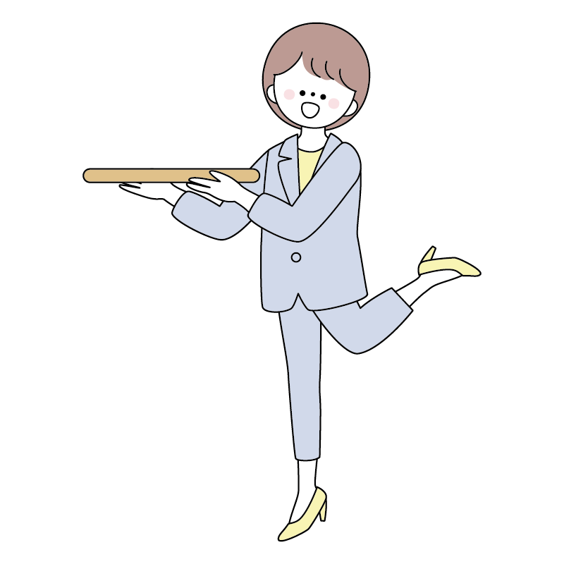 お盆を持っている足を曲げた可愛いポーズのスーツの女性のイラスト