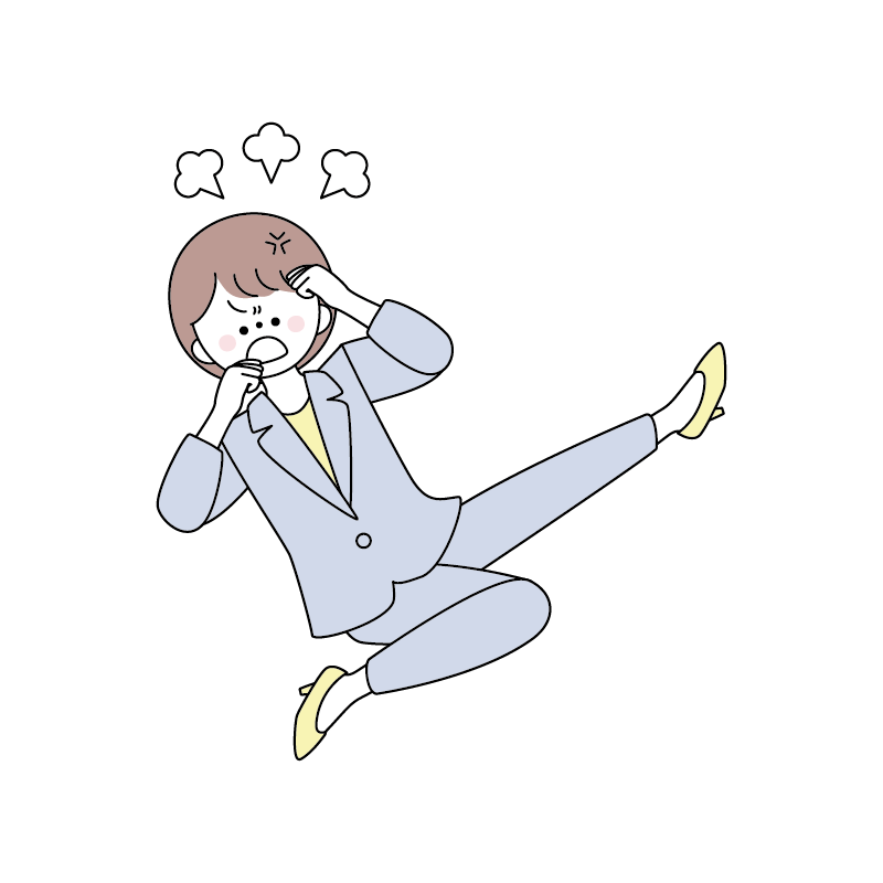 怒って飛び蹴りするスーツの女性のイラスト