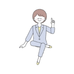 足を組んで指差し説明するスーツの女性のイラスト